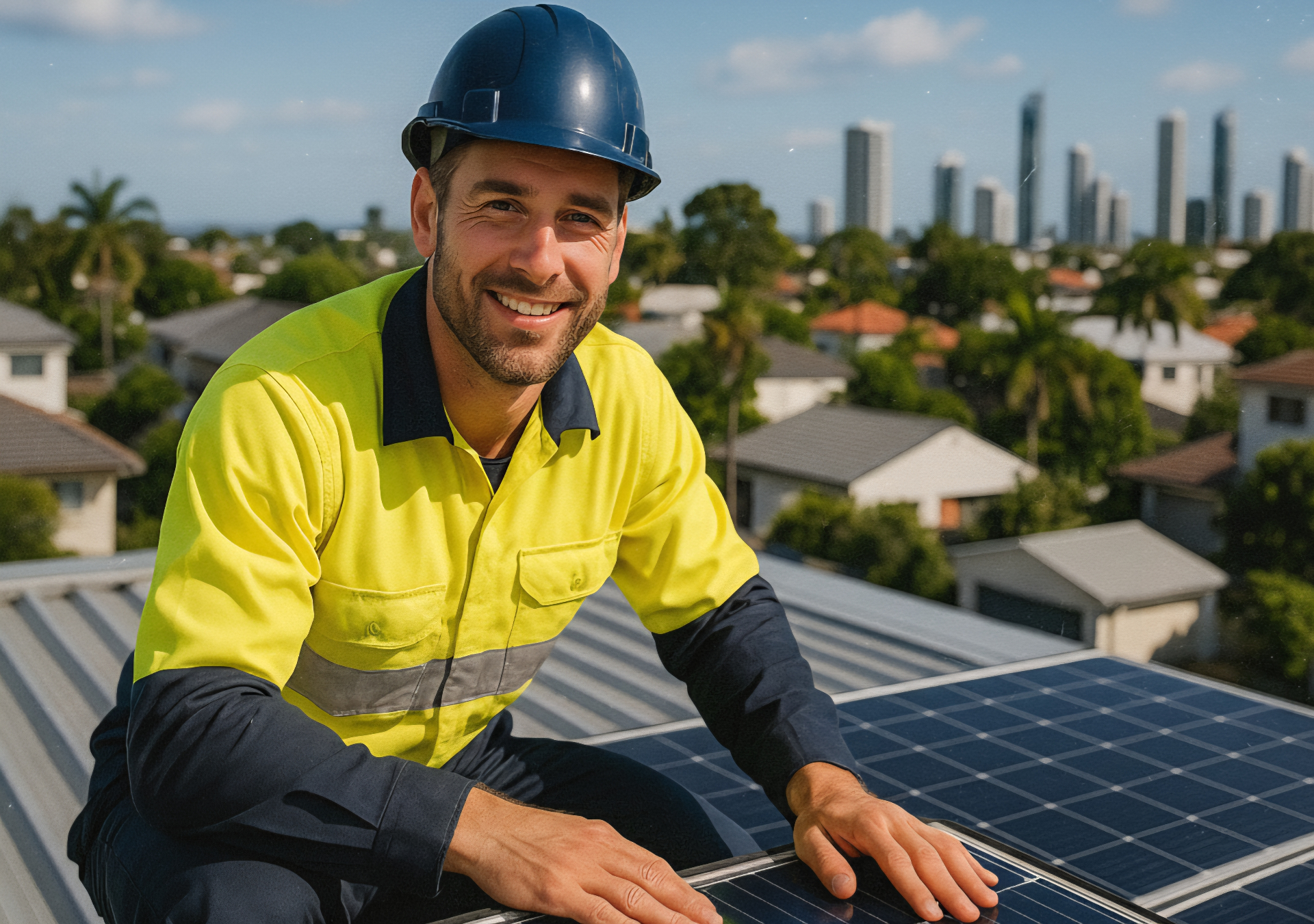 Solar installer working on rooftop solar panel installation