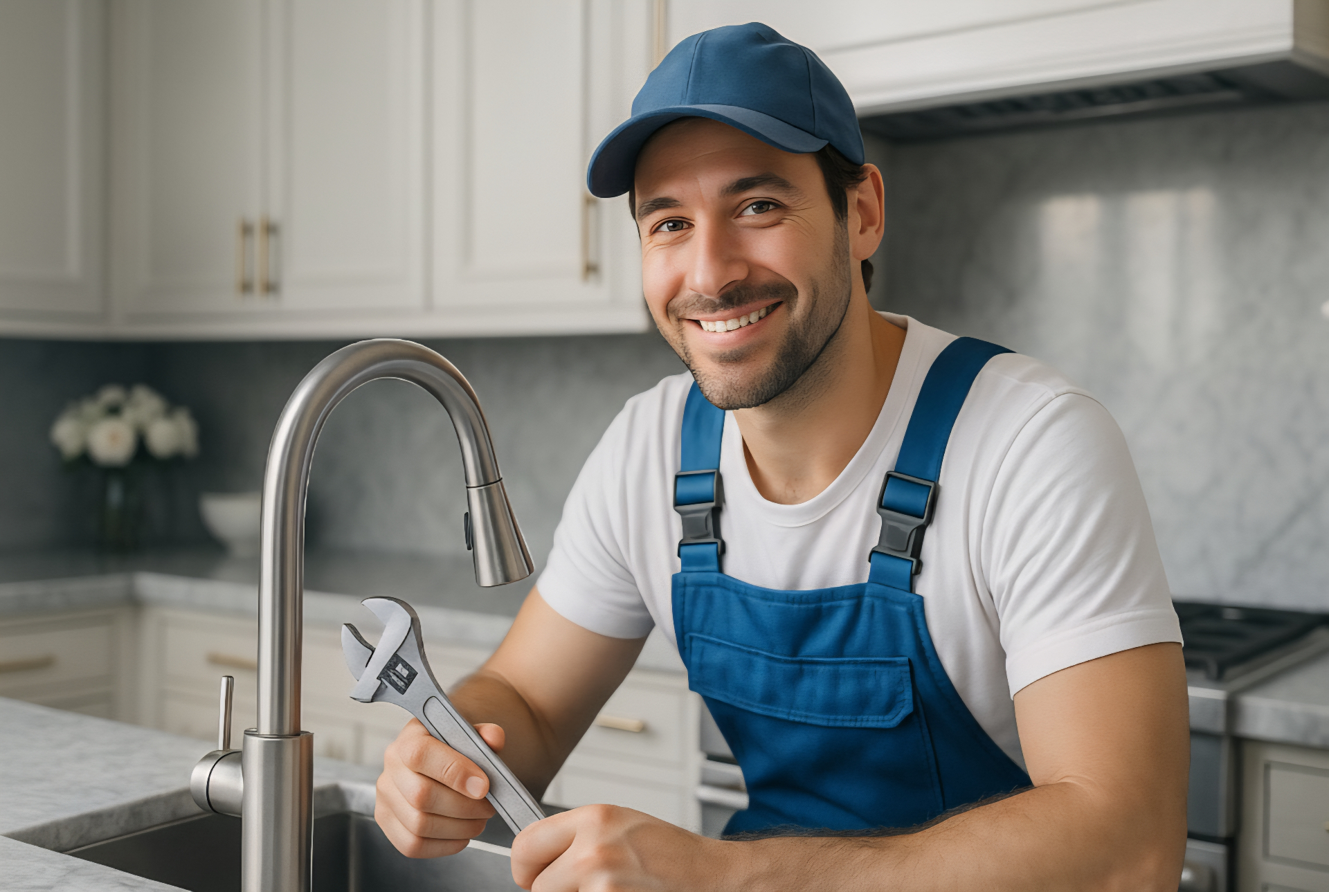 Professional tradesperson with tools in modern kitchen