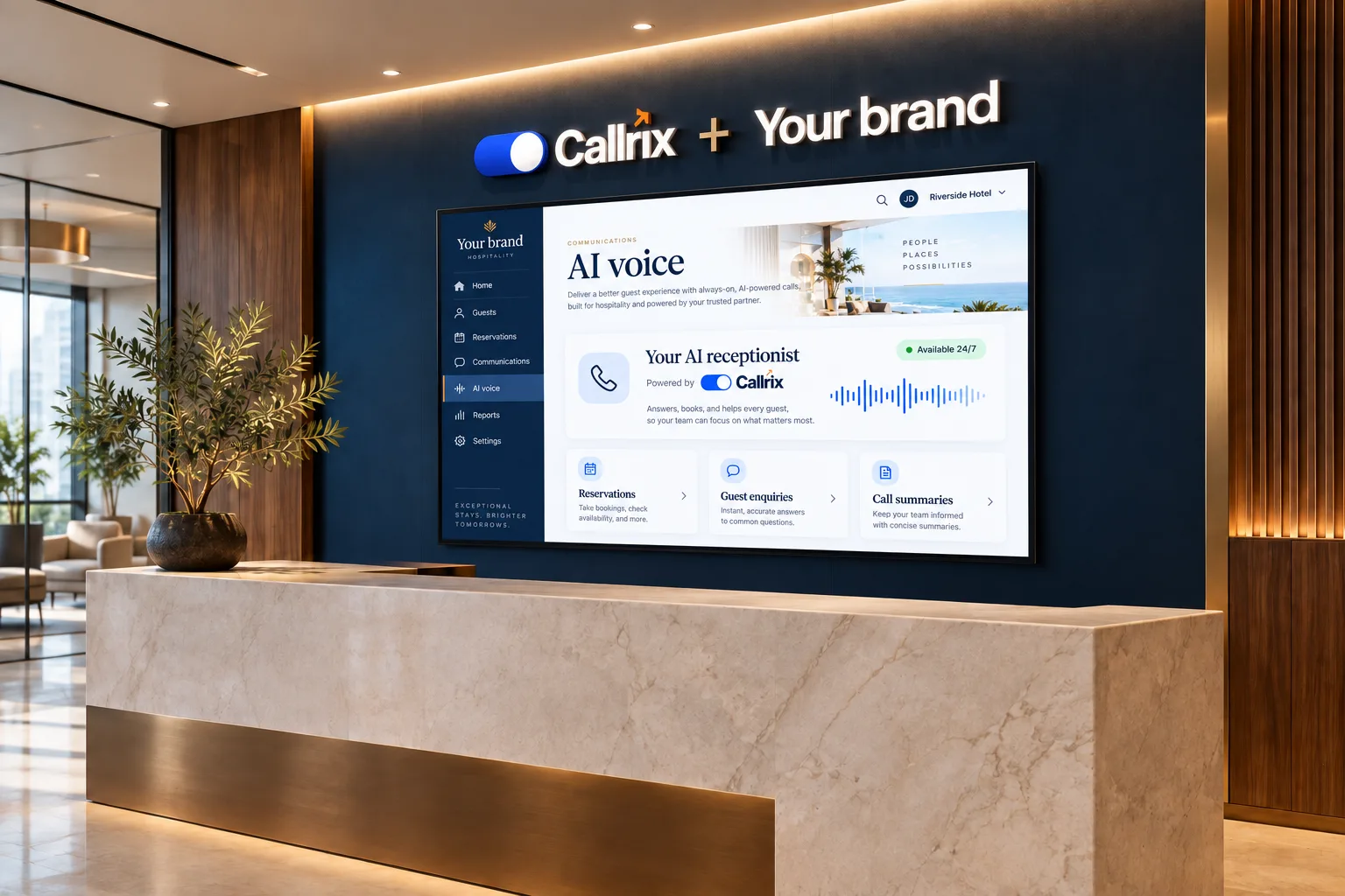 Callrix and Your brand signage above an AI voice platform display in a hotel reception