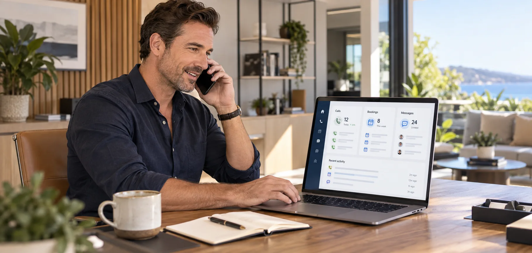Business owner on the phone beside a laptop displaying calls, bookings and messages