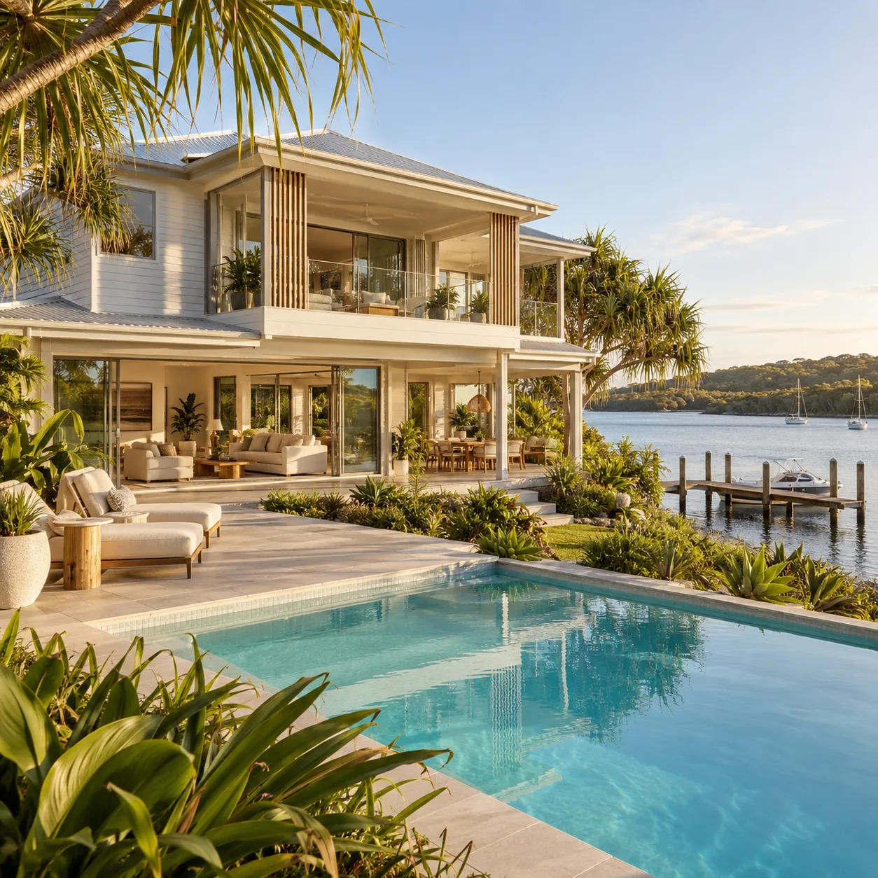 A waterfront holiday home with a swimming pool, tropical gardens and a private jetty