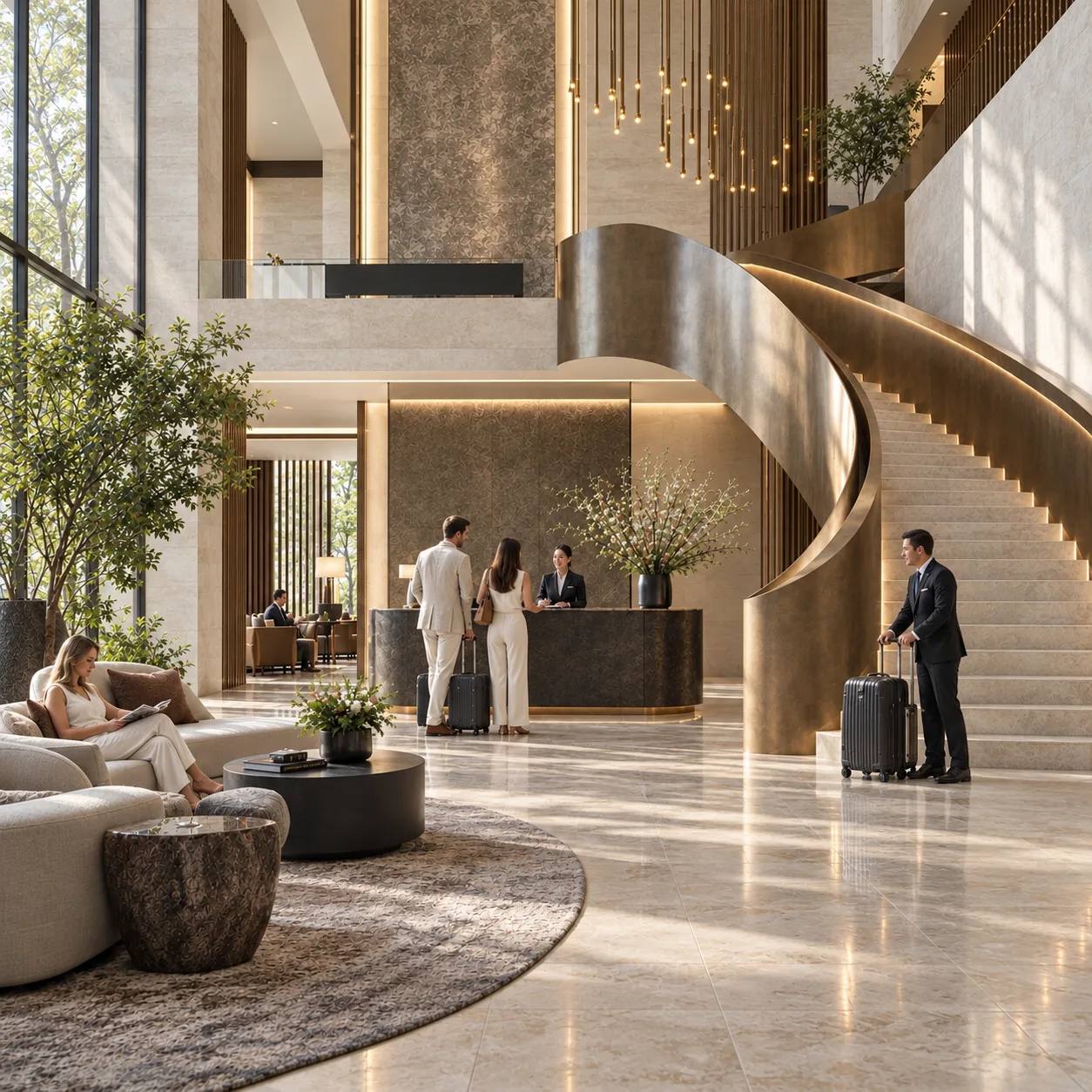 Guests arriving at a luxury hotel lobby with a curved staircase and reception desk