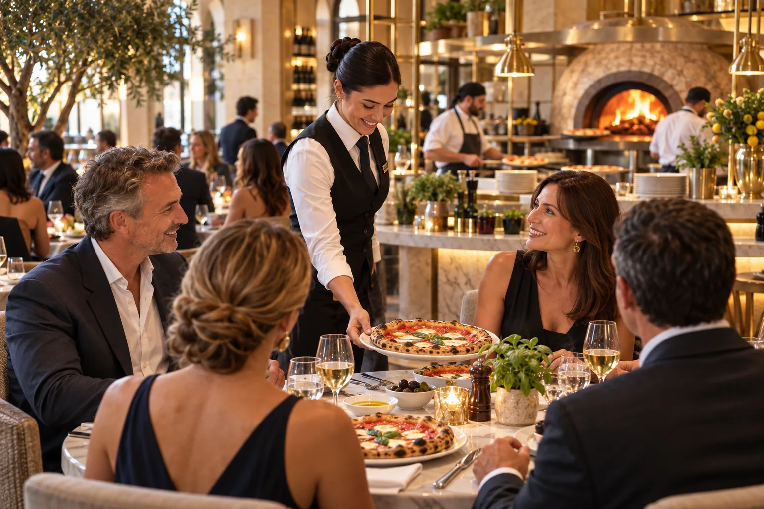 A waitress serving pizza to guests in a lively restaurant with a wood-fired oven