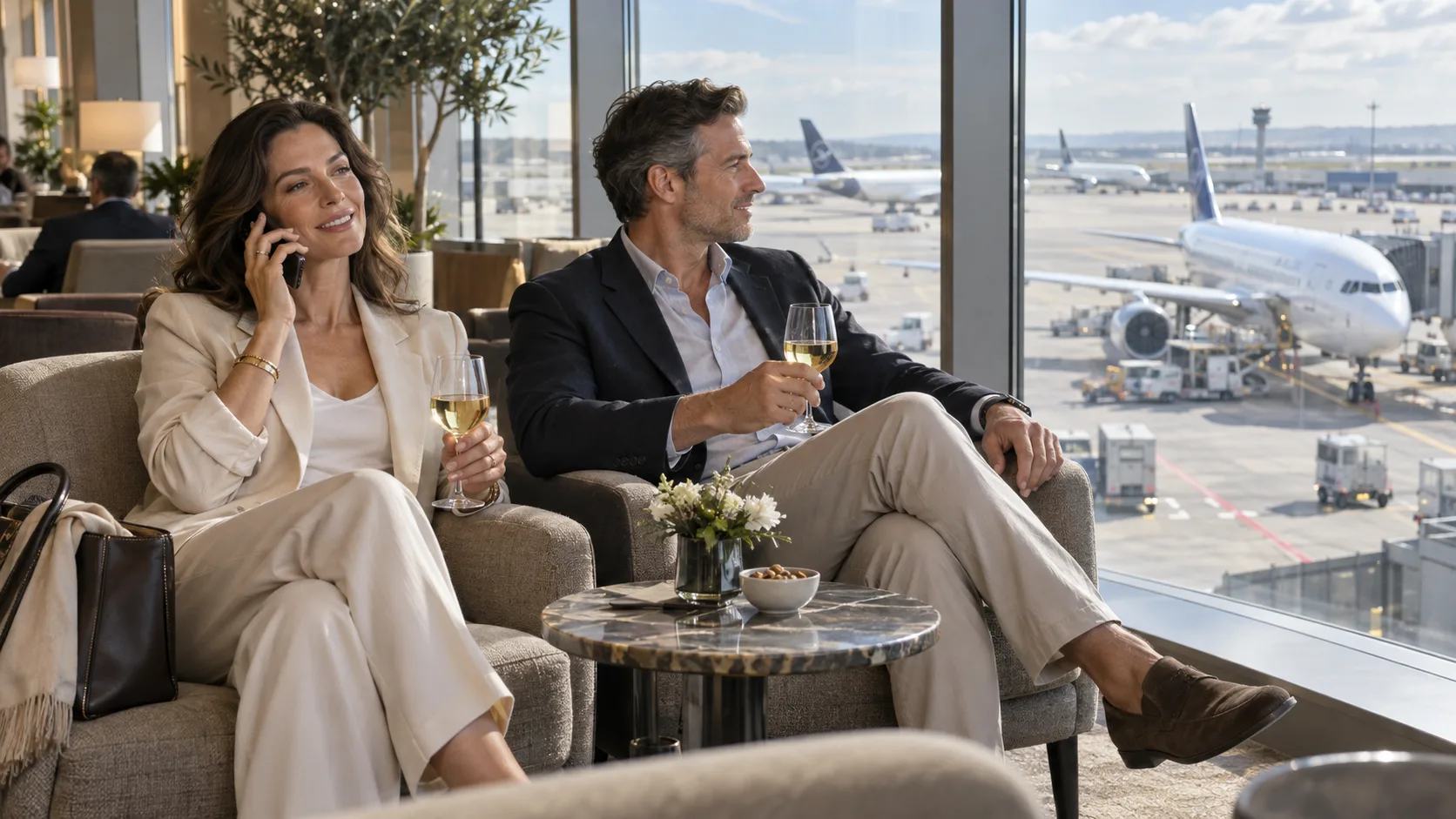 A couple relaxing in an airport lounge, with a woman on the phone and aircraft outside the window
