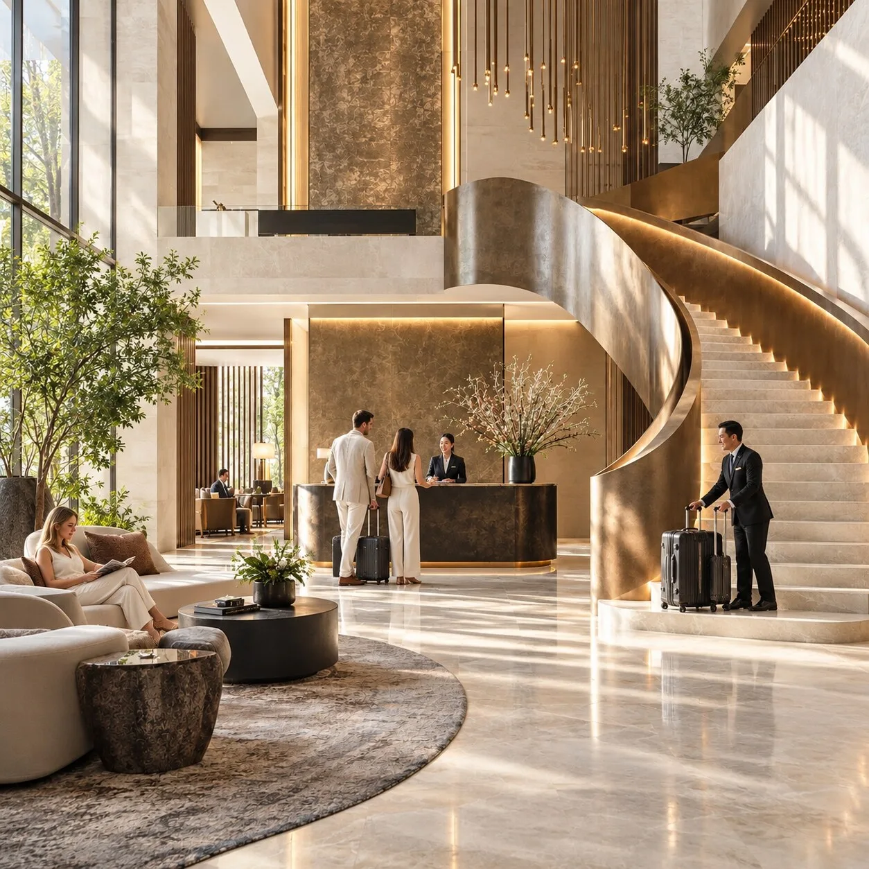 Guests and hotel staff in a bright, luxurious lobby