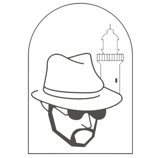 Customer logo featuring a man in a hat and a lighthouse
