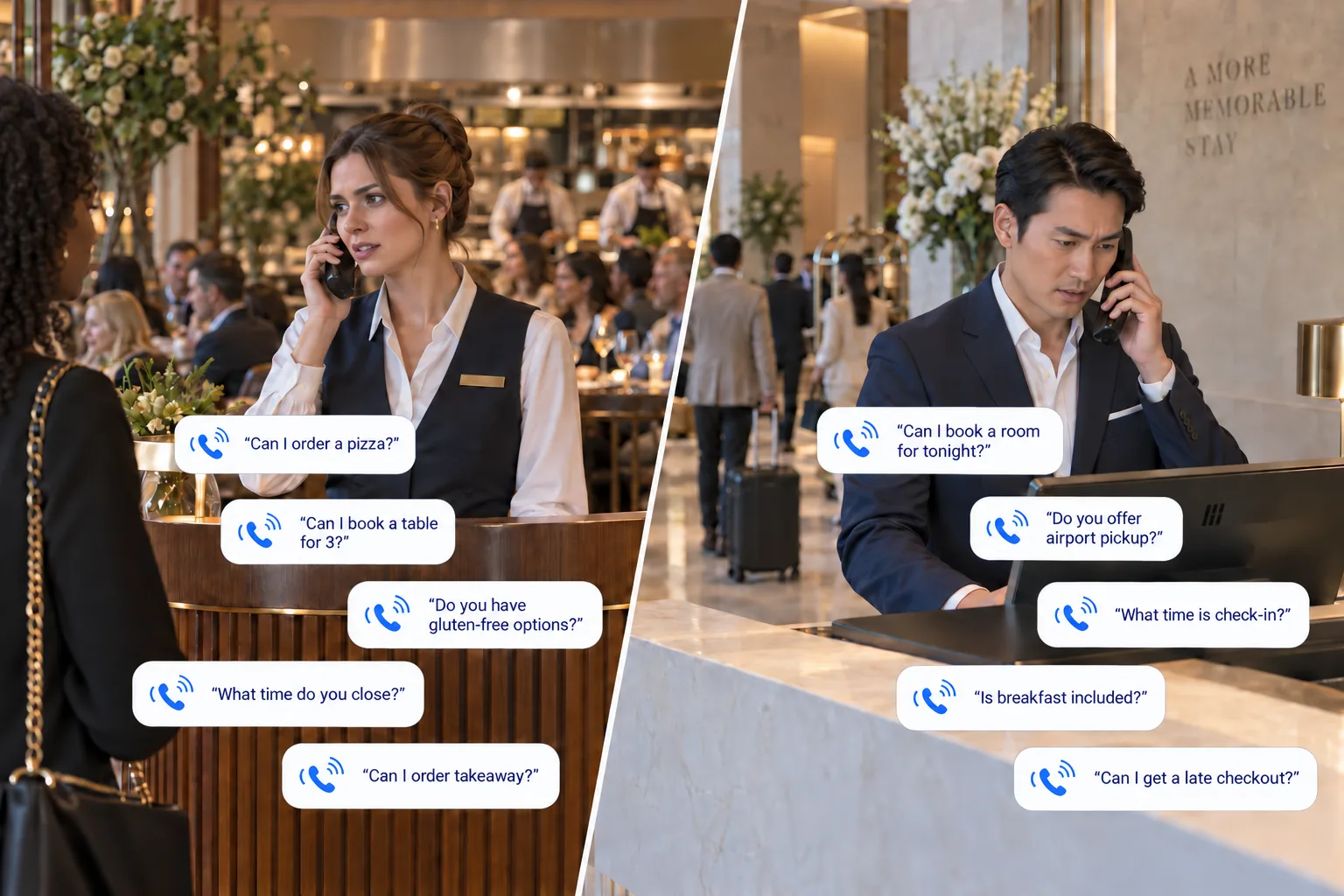 Restaurant and hotel staff handling calls, with example enquiries about takeaway orders, table and room bookings, airport pickup and guest services