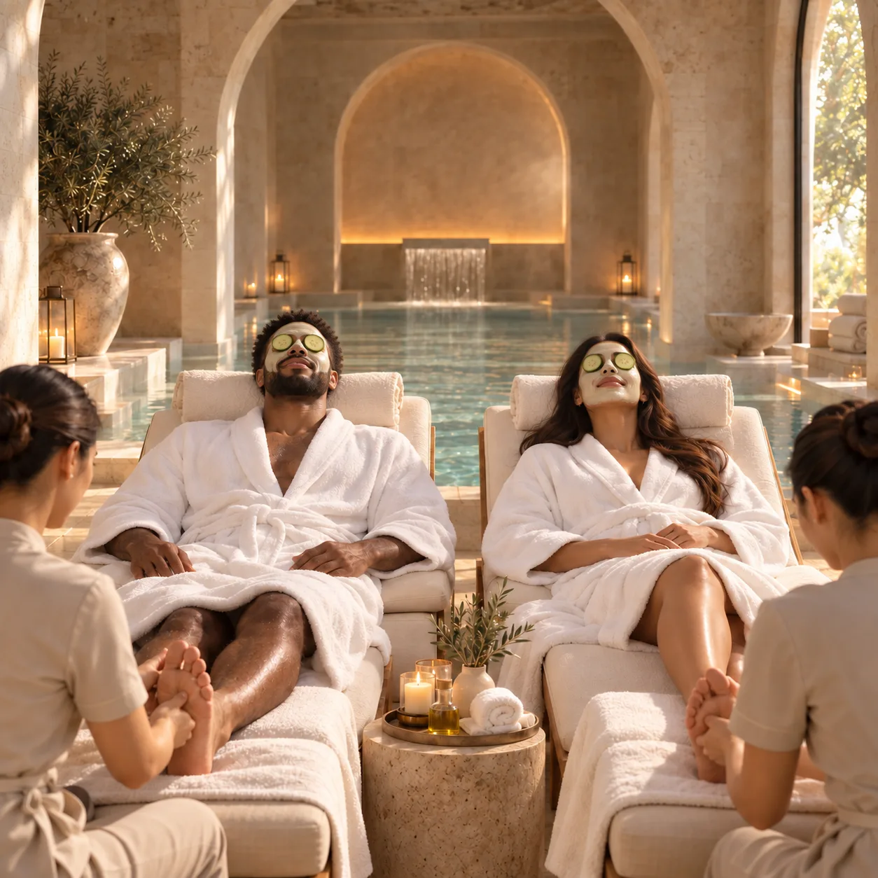 A couple relaxing with face masks and cucumber slices while receiving foot massages in a luxury resort spa