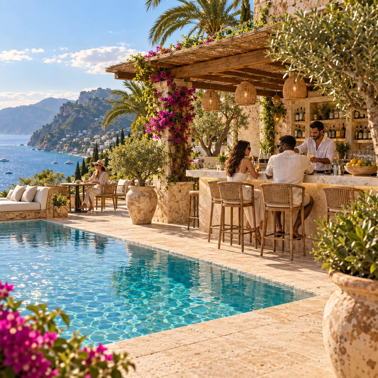Guests enjoying drinks at a poolside resort bar overlooking the Mediterranean coast