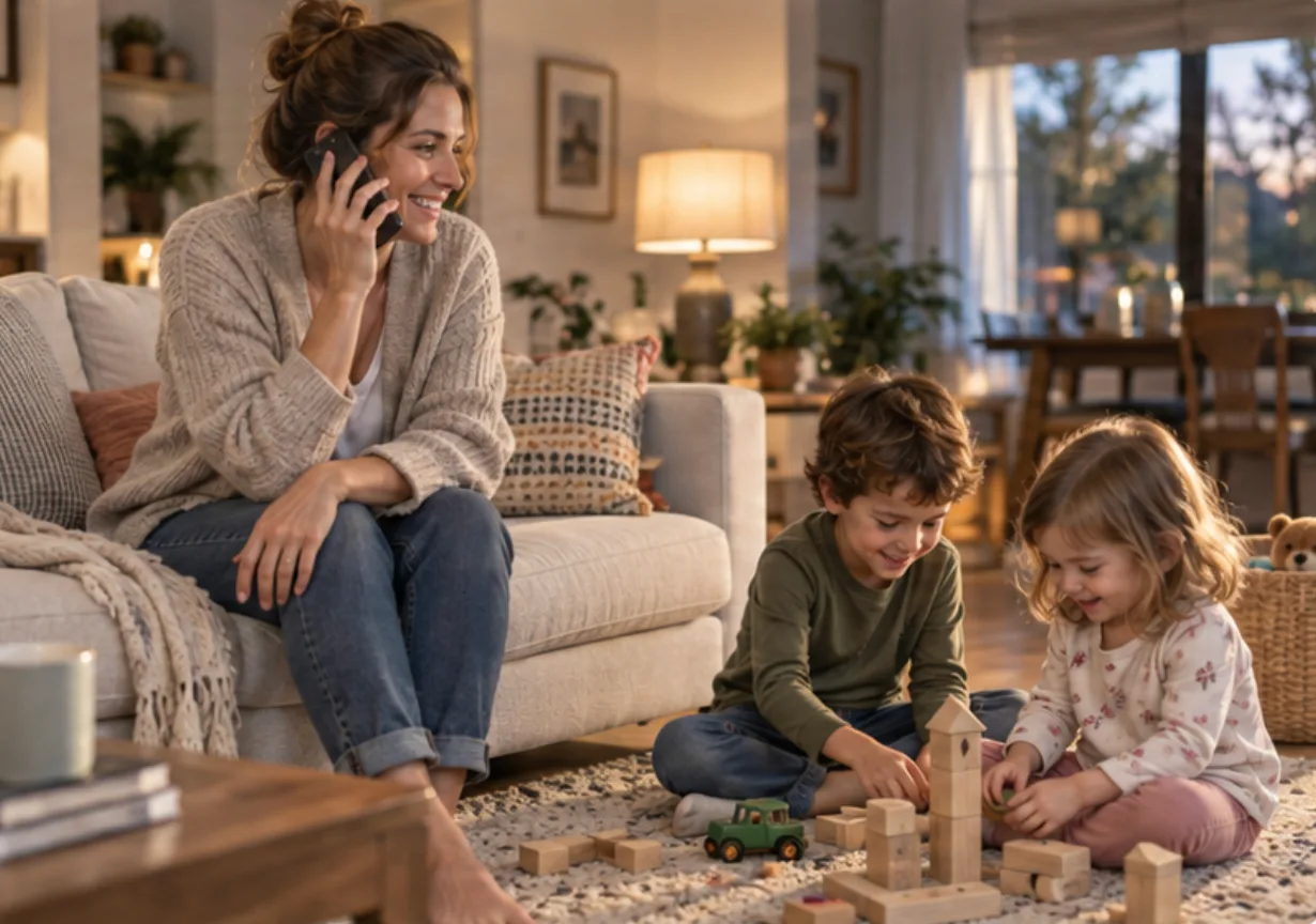 A mother making a phone call at home while her two children play with wooden blocks beside her