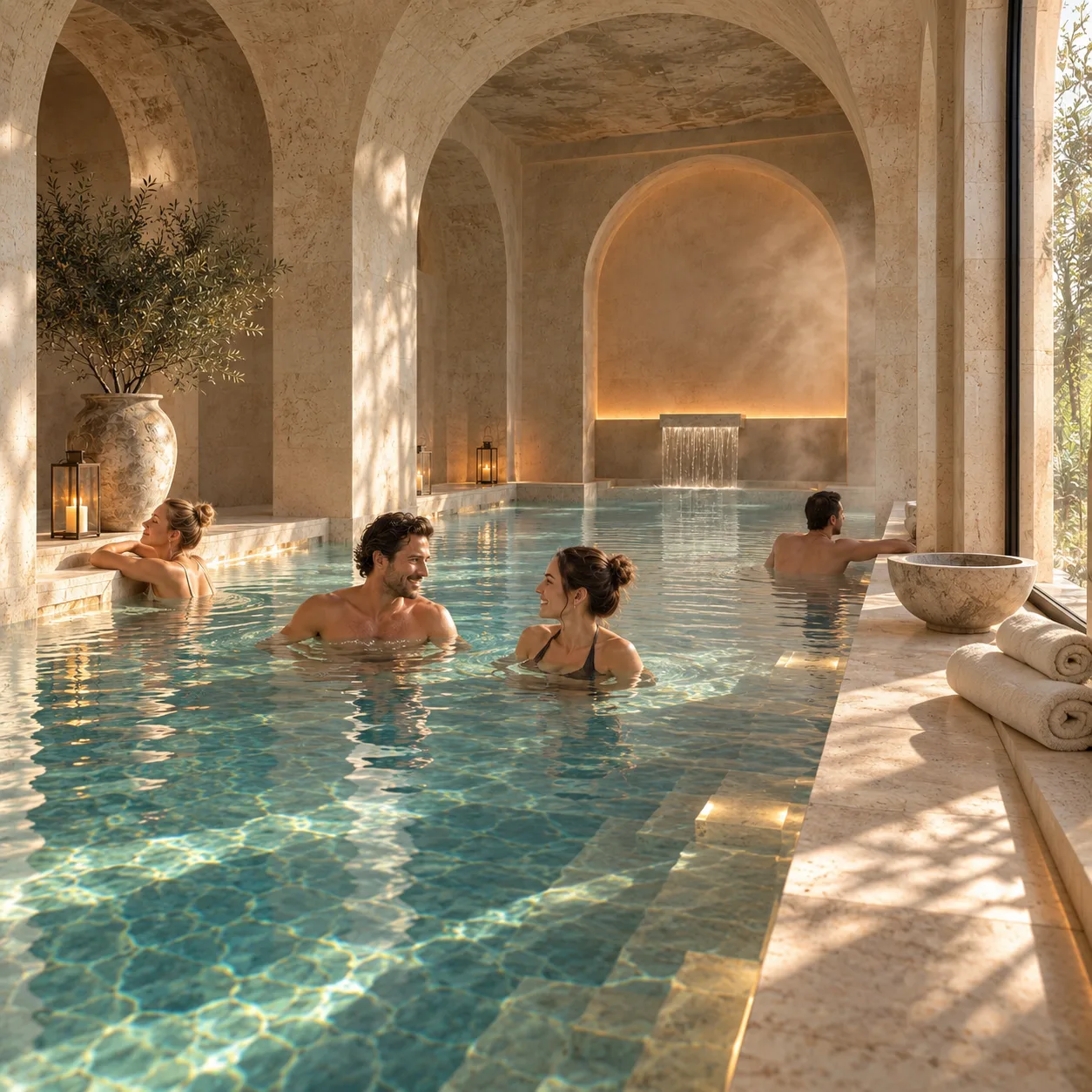 Guests relaxing in a sunlit spa pool beneath limestone arches