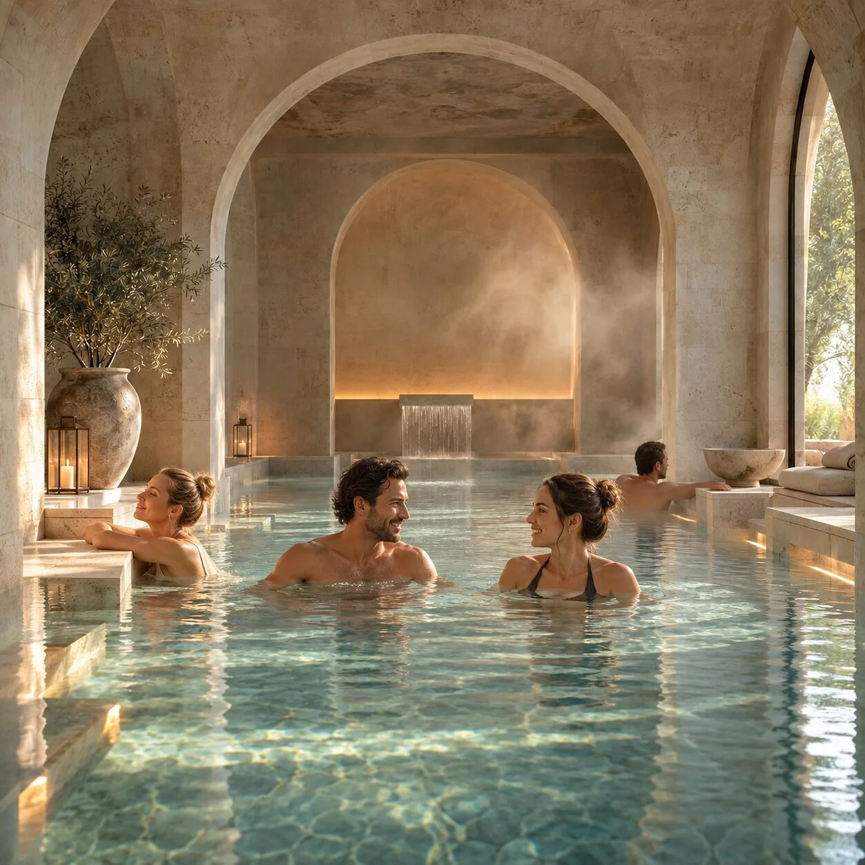 Guests relaxing in the water beneath the stone arches of a luxury spa